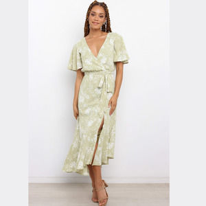 NWT, Here Comes the Sun Wrap Floral Pistachio Midi Dress Size XS